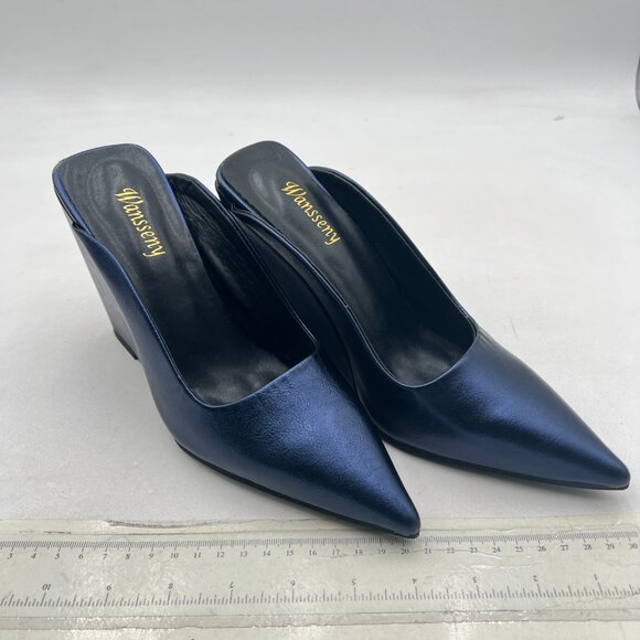 Wansseny Dark Blue Pointed Toe Wedge High Heel Mules Slip On Ladies Dressy Shoe - Picture 4 of 8